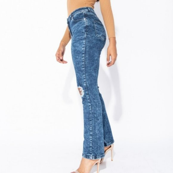 Blue Acid Wash High Waist Ripped Distressed Straight Leg Jeans Denim - Picture 9 of 13